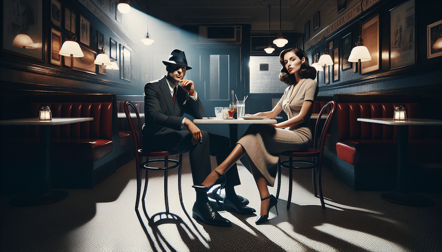 Elegant couple in a shadowy 1950s New York eatery, noir style.